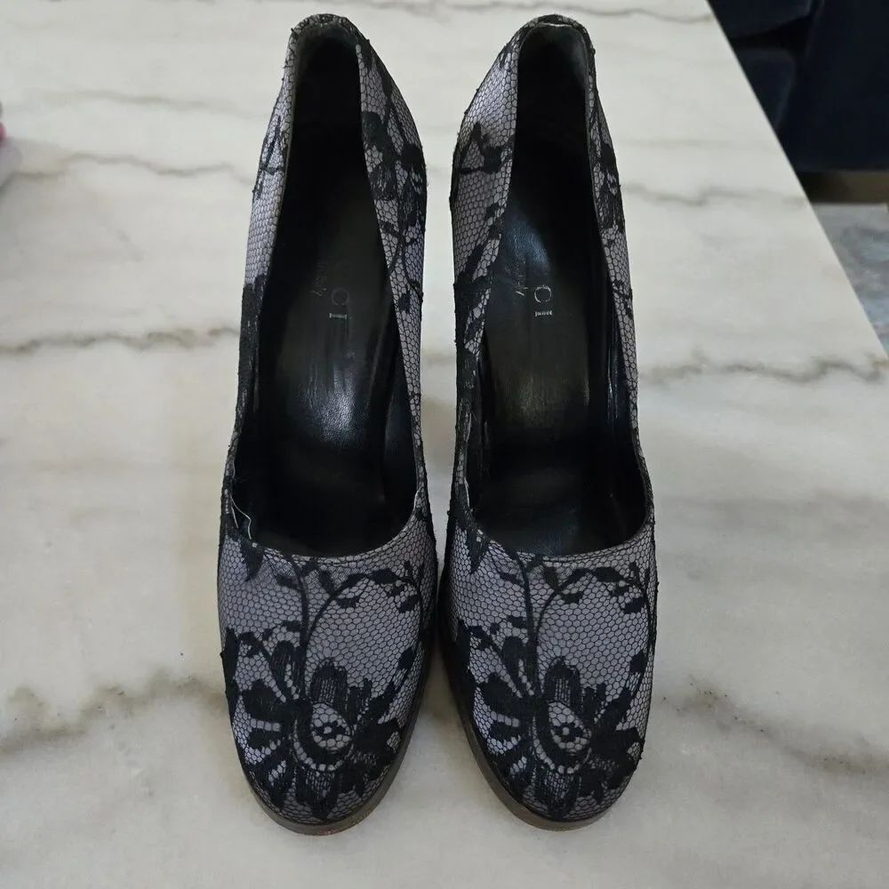 Gucci Black Grey Floral Lace and Satin Platform Round Toe Pumps Size 39 - Picture 3 of 10